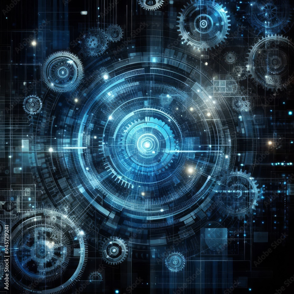 Abstract blue digital technology background with gears and cogs, dark color palette
Abstract blue digital technology background with gears and cogs, dark color palette
