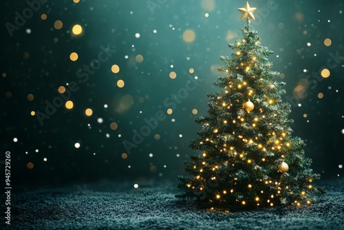 Wallpaper Mural Minimalist Christmas tree adorned with gold and green ornaments, against a deep green background, creating a modern holiday aesthetic. Torontodigital.ca