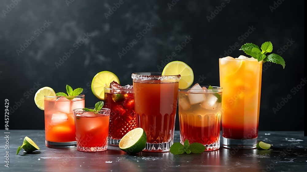 Various cocktails. alcoholic drinks on a dark background Various cocktails. alcoholic drinks on a dark background