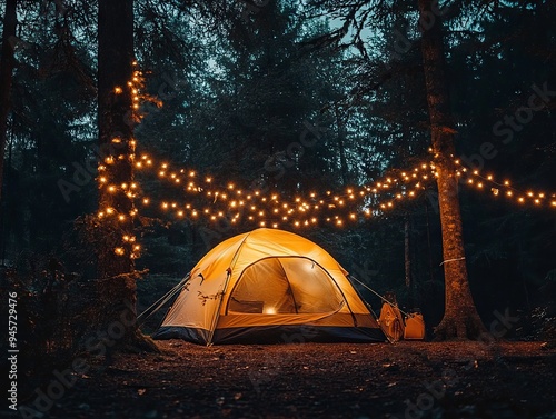 tent with garlands in the forest at night