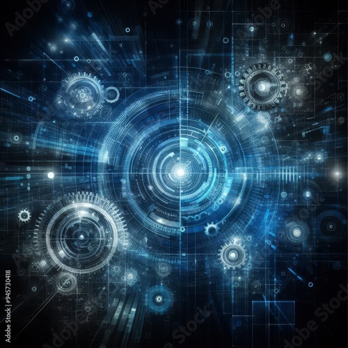 Abstract blue digital technology background with gears and cogs, dark color palette 