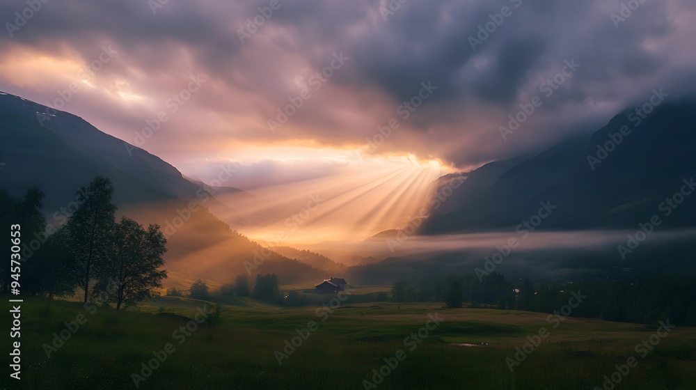 Obraz premium Unexplained Celestial Light Phenomenon over Dramatic Hessdalen Valley Landscape in Norway