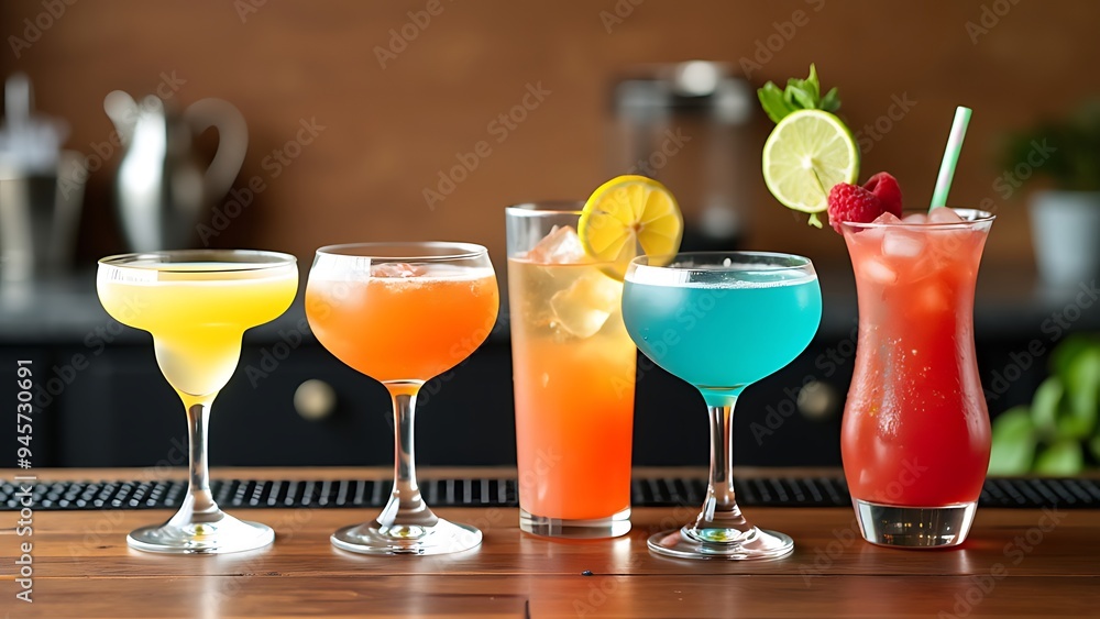 Colorful summer cocktails. Cold alcoholic beverages and drinks: mimosa, cosmopolitan, raspberry margarita and blue hawaii on wooden table background with bar tools Colorful summer cocktails. Cold alcoholic beverages and drinks: mimosa, cosmopolitan, raspberry margarita and blue hawaii on wooden table background with bar tools