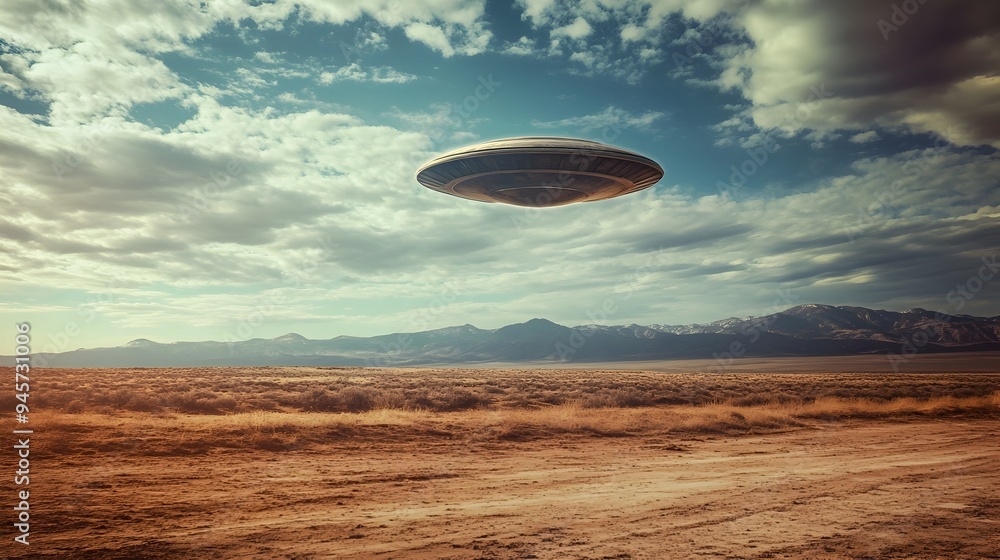 Obraz premium Unidentified Flying Object Hovering over Dramatic Desert Landscape in Roswell New Mexico