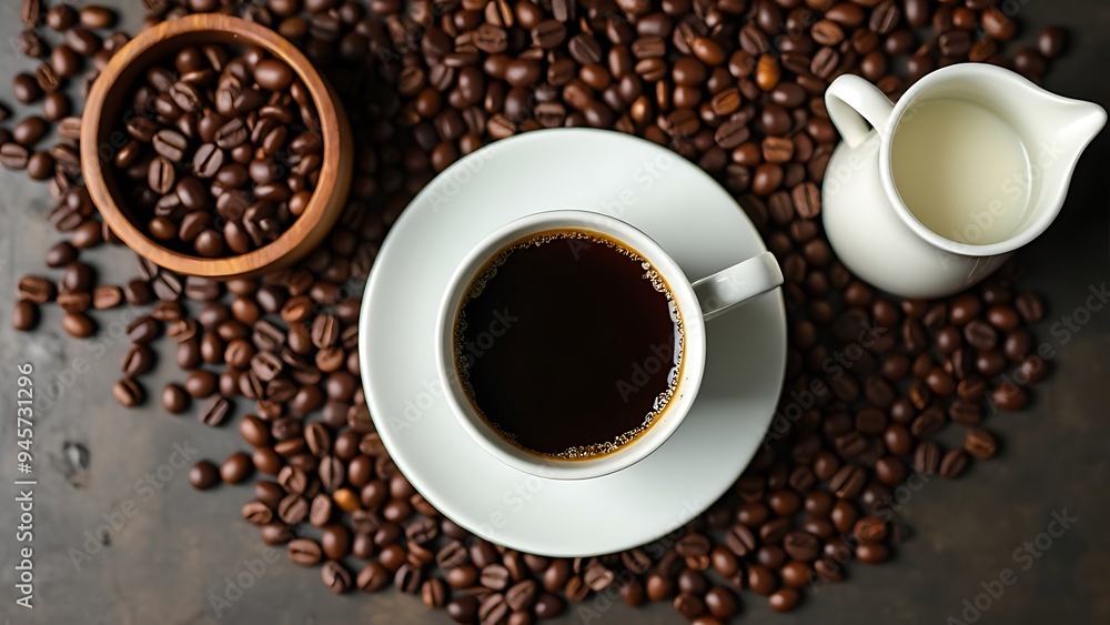 Fototapeta premium Top view of coffee in cup on saucer near scattered roasted beans, wooden bowl and milk jug