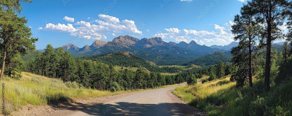 Fototapeta premium Road with a distant view of mountains, pine trees framing the scene, majestic and vast