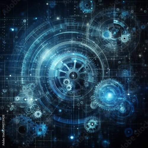 Abstract blue digital technology background with gears and cogs, dark color palette 