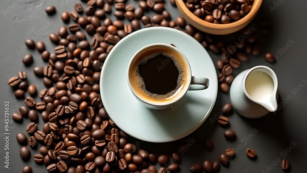 Top view of coffee in cup on saucer near scattered roasted beans, wooden bowl and milk jug Top view of coffee in cup on saucer near scattered roasted beans, wooden bowl and milk jug
