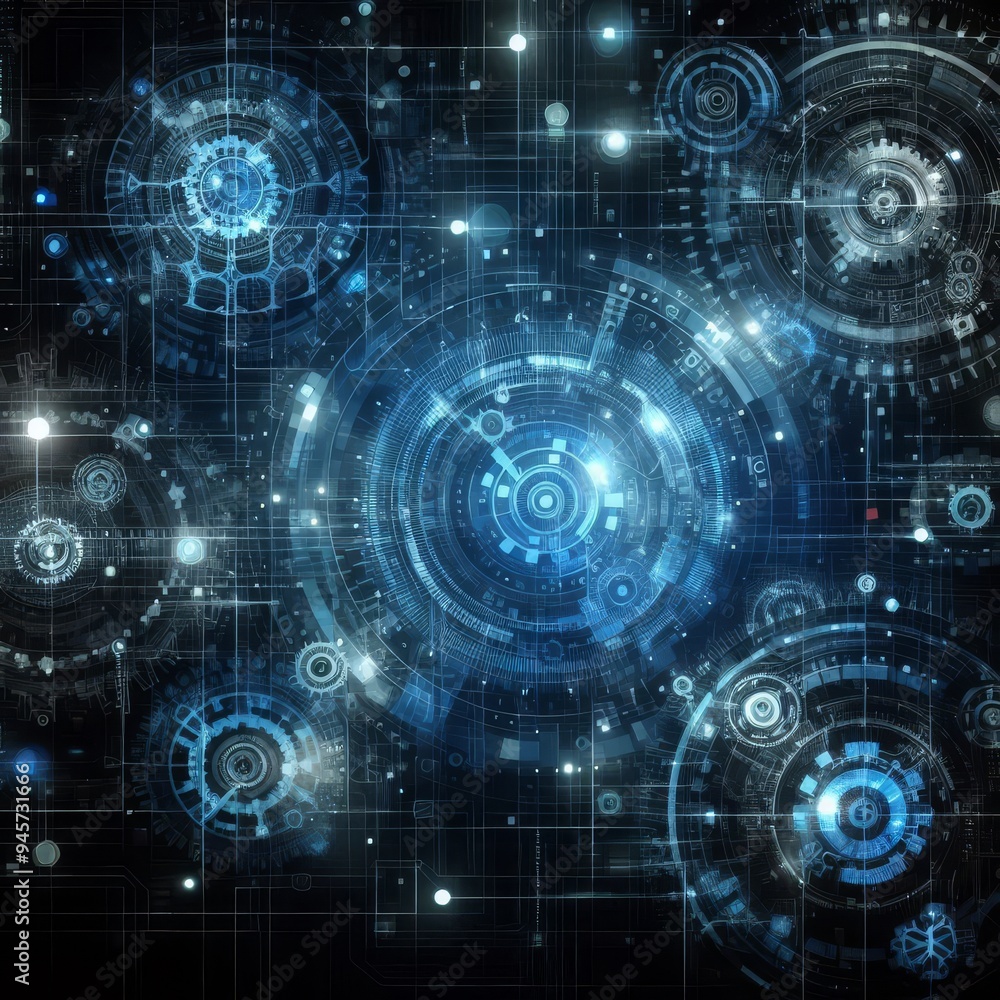 Abstract blue digital technology background with gears and cogs, dark color palette
Abstract blue digital technology background with gears and cogs, dark color palette