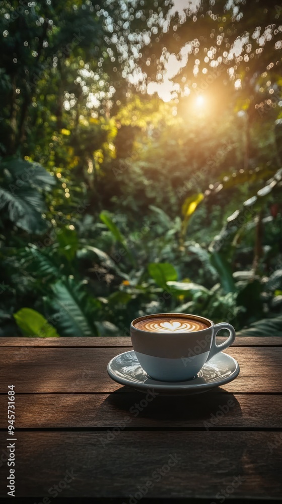A cup of coffee sits on table in front of green trees and lush jungle with morning sunlight filtering through the leaves, international coffee day, coffee in nature, jungle sunlight A cup of coffee sits on table in front of green trees and lush jungle with morning sunlight filtering through the leaves, international coffee day, coffee in nature, jungle sunlight