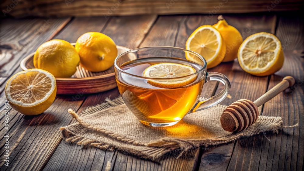 A soothing cup of warm tea with honey and lemon slices on a vintage wooden table, providing comfort for a sore throat on a cold winter morning. A soothing cup of warm tea with honey and lemon slices on a vintage wooden table, providing comfort for a sore throat on a cold winter morning.