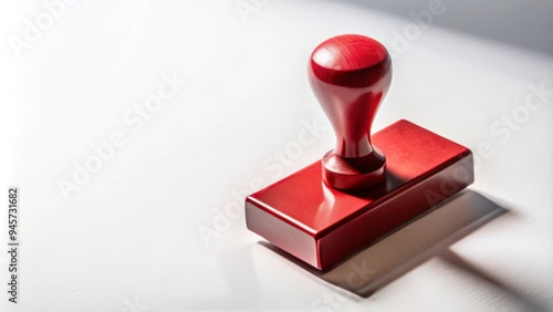 A solo, red rubber stamp stands upright on a plain white background, its rectangular body and circular handle casting a subtle shadow underneath.