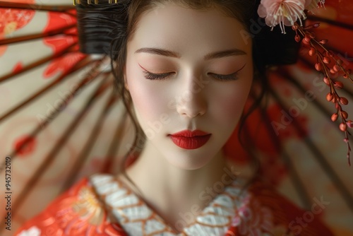 Young woman wearing traditional japanese maiko makeup and hairstyle