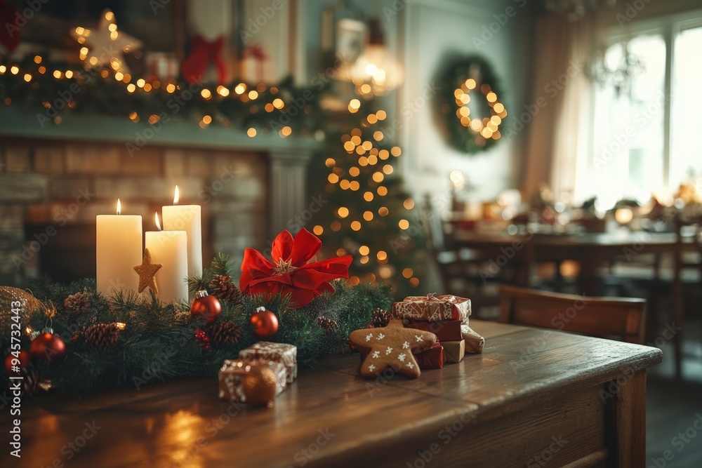A beautifully decorated mantelpiece featuring a Christmas wreath, candles, gifts, pine cones, and festive greenery, creating a warm and inviting holiday atmosphere. A beautifully decorated mantelpiece featuring a Christmas wreath, candles, gifts, pine cones, and festive greenery, creating a warm and inviting holiday atmosphere.