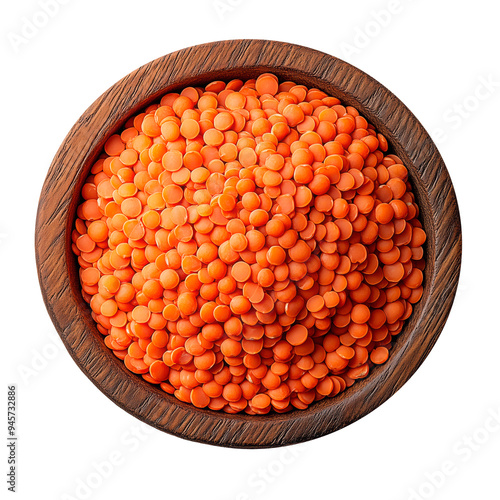 Close-up view of red lentils in a wooden bowl, transparent background, png image, top view photo