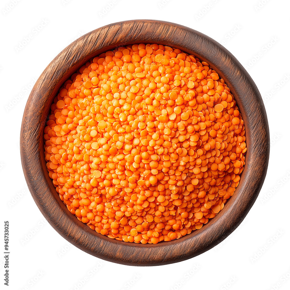 Red lentils in a wooden bowl, transparent background, png image, top view Red lentils in a wooden bowl, transparent background, png image, top view