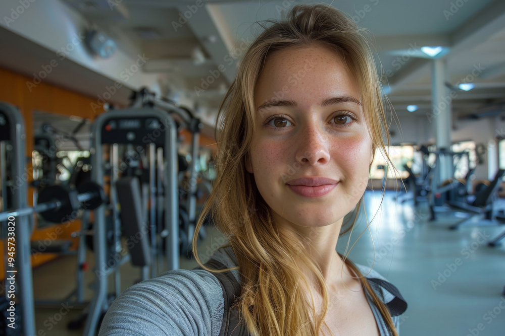 Obraz premium Young woman taking a selfie at the gym after working out