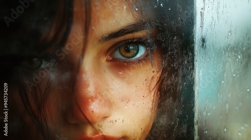 Close-up of a Woman's Eye Through a Wet Window Pane