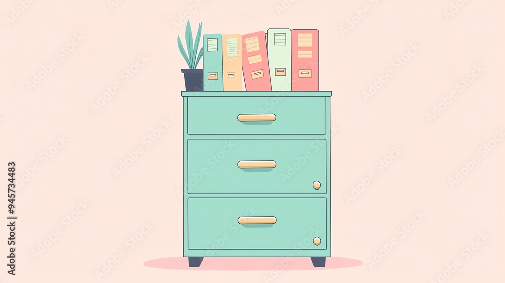 A stylish mint green drawer cabinet adorned with file folders and a small plant, ideal for home or office decor. A stylish mint green drawer cabinet adorned with file folders and a small plant, ideal for home or office decor.