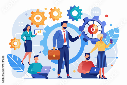 Roles and responsibilities, teamwork or resource management, work delegation, role definition or supervision, job position or organization concept, business man on gear cogwheels work with employees
