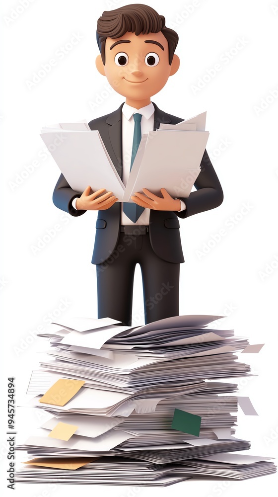 A young businessman reviews documents amidst a large stack of paperwork, representing organization and diligence in office work. A young businessman reviews documents amidst a large stack of paperwork, representing organization and diligence in office work.