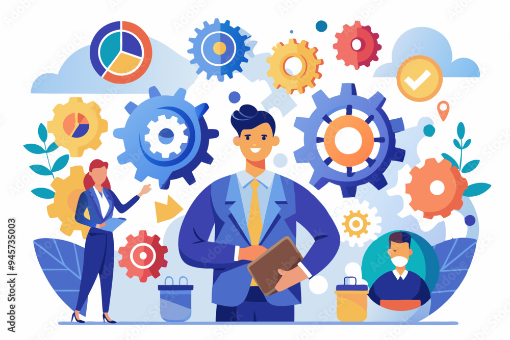 Roles and responsibilities, teamwork or resource management, work delegation, role definition or supervision, job position or organization concept, business man on gear cogwheels work with employees
Roles and responsibilities, teamwork or resource management, work delegation, role definition or supervision, job position or organization concept, business man on gear cogwheels work with employees