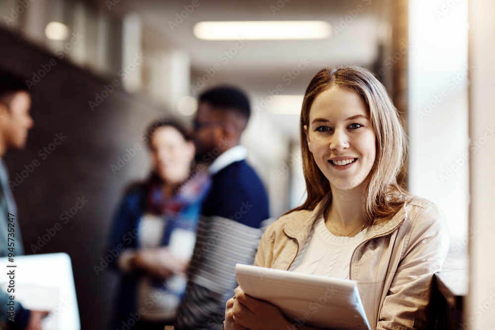 Portrait, hallway and woman with book, knowledge and proud of scholarship for college and learning. Corridor, university student and happy with education, confident and freshman in campus and smile Portrait, hallway and woman with book, knowledge and proud of scholarship for college and learning. Corridor, university student and happy with education, confident and freshman in campus and smile