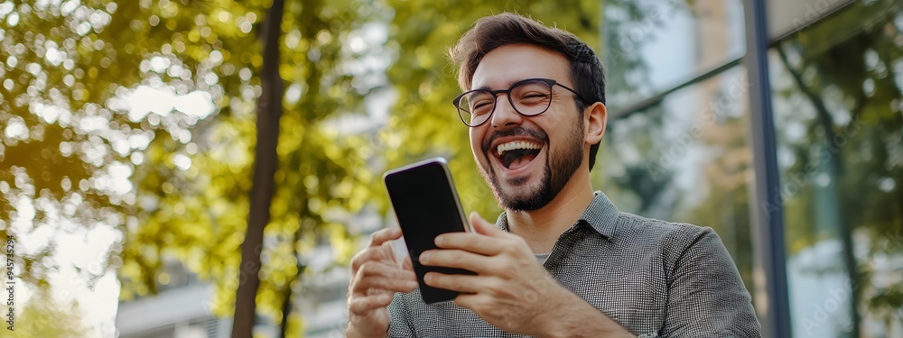 Fototapeta premium A happy man in casual looking at his phone and celebrating a victory, with an office building in the background