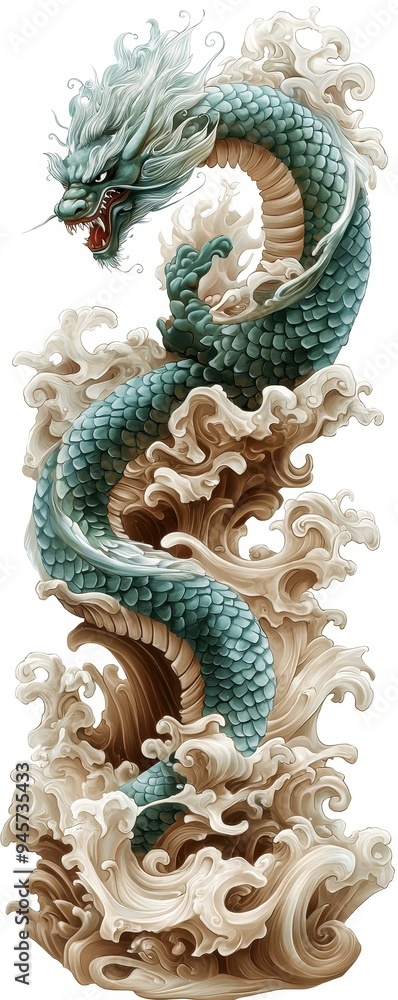 A majestic dragon emerges from waves, showcasing intricate scales and vibrant colors, symbolizing power and mystique. A majestic dragon emerges from waves, showcasing intricate scales and vibrant colors, symbolizing power and mystique.