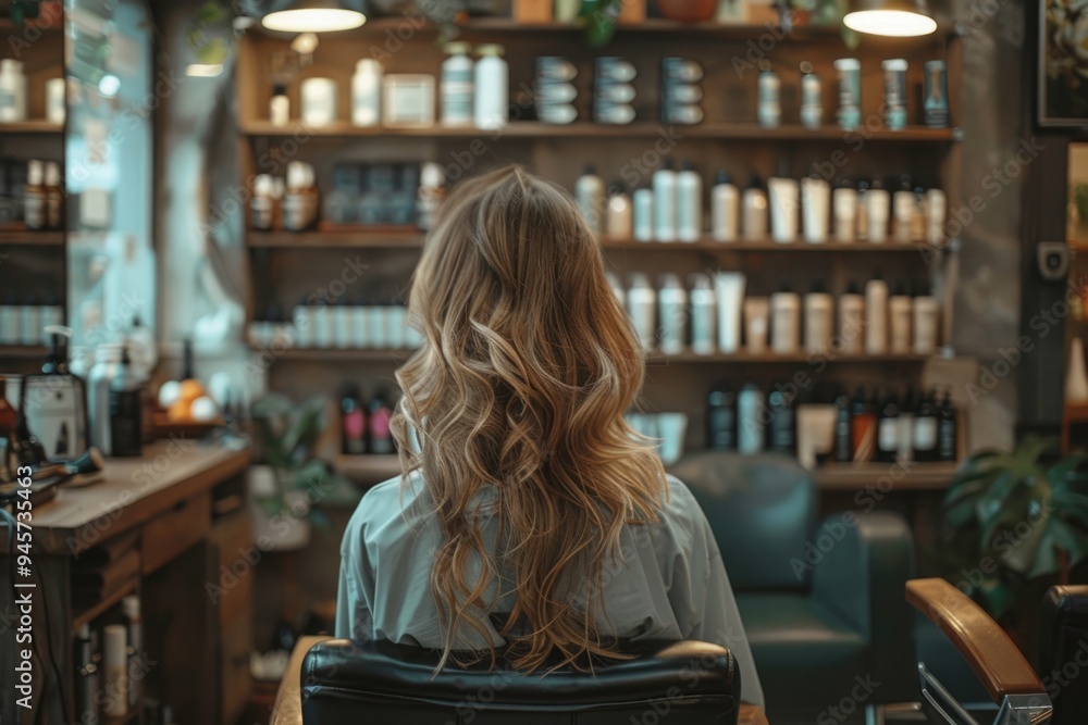 Woman with long hair sitting in a hair salon chair Woman with long hair sitting in a hair salon chair