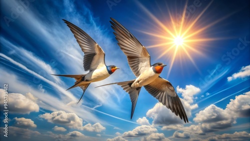 A tandem of swallows in perfect harmony, wings beating synchronously as they soar through a serene blue sky with wispy clouds and a warm sun. photo