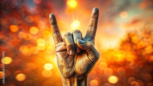 A three-dimensional rock hand sign symbolizing strength and solidarity, formed by extending the pinky and index fingers, stands against a blurred background of warm colors. photo