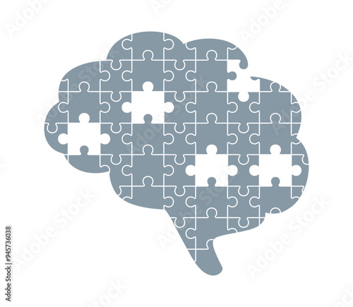 Gray brain puzzle with missing puzzle pieces, isolated on white background. Flat vector illustration
