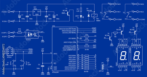 Schematic diagram of electronic device.
Vector drawing electrical circuit with 
led, microcontroller, integrated circuit, button, 
resistor, capacitor, diode, transistor
on background of paper sheet.