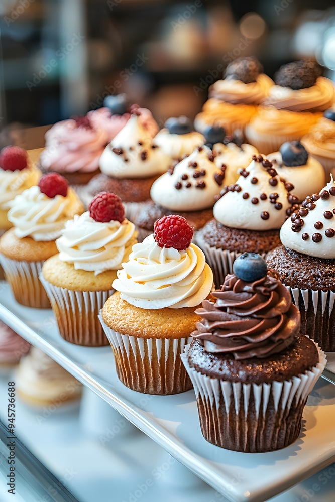 Small, elegant cupcakes with decorative frosting and toppings, beautifully presented in natural light within a modern patisserie Small, elegant cupcakes with decorative frosting and toppings, beautifully presented in natural light within a modern patisserie