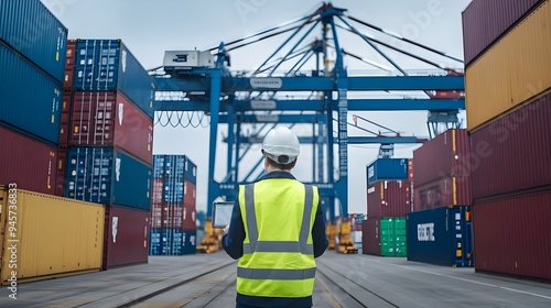 Engineers Inspecting Goods at Container Yard - Import-Export Port Operations with Cargo Ships and Shipping Containers