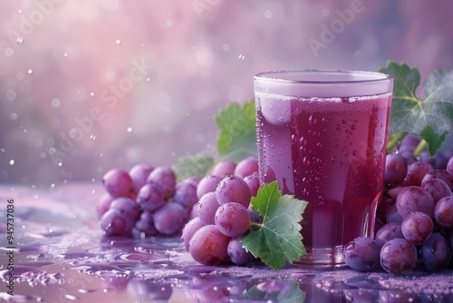 Freshly squeezed red grape juice with bunches of grapes