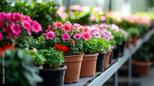 The greenhouse is filled with rows of tables and shelves stacked with trays and pots of various seedlings, flowering plants, and herbs. 