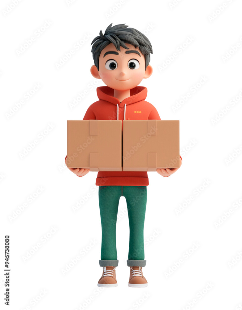 Cute 3D render man carries heavy cardboard boxes in hands. Cute 3D render man carries heavy cardboard boxes in hands.