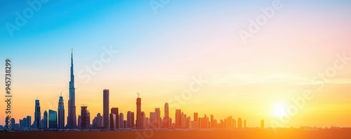 Glowing outline of a city skyline at dusk, capturing the transition from day to night, city glowtime, urban and dynamic