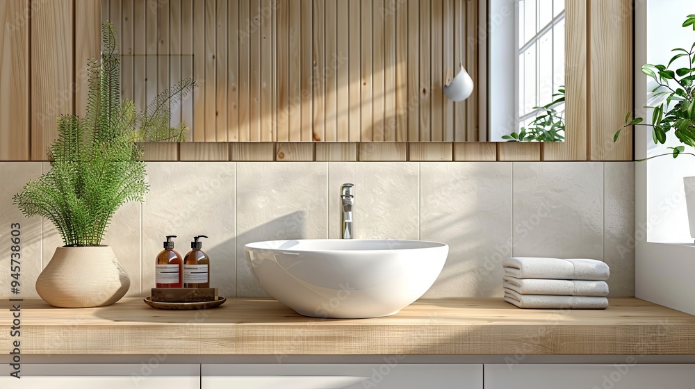 Fototapeta premium Bathroom interior showcasing a sink basin, faucet, and mirror with a modern design