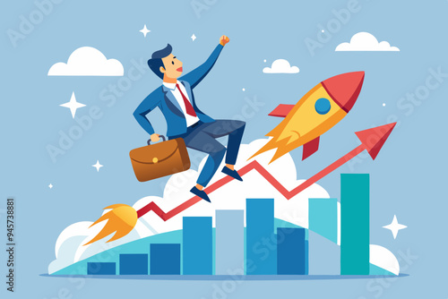 Business growth, investment profit increase, growing fast or improvement sales and revenue, progress or development concept, businessman riding rocket on growth bar graph or rising up revenue chart. 