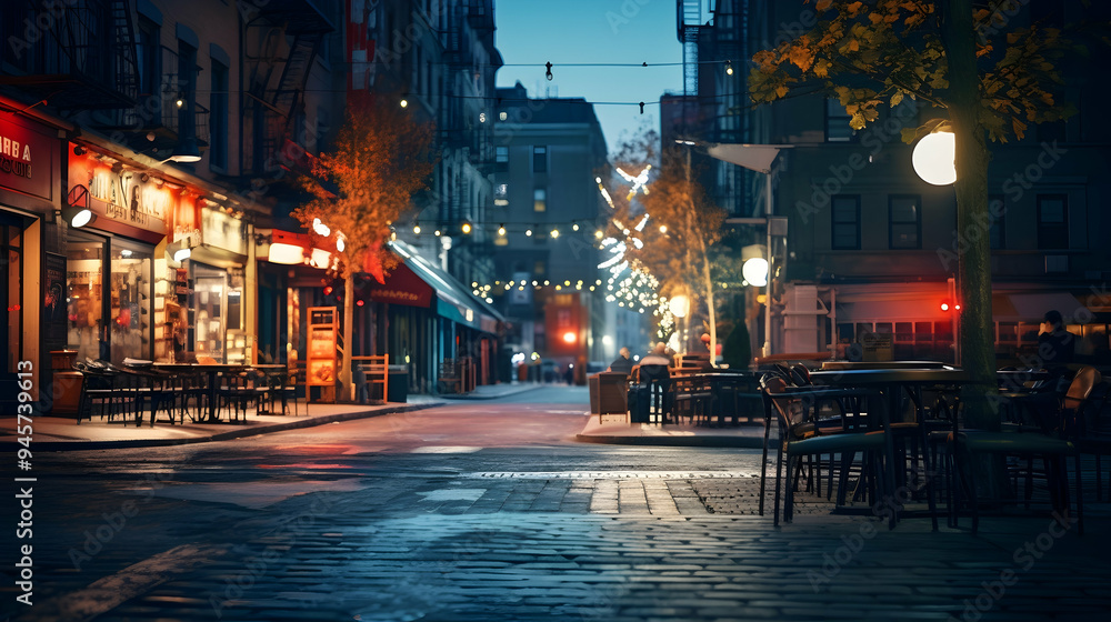 Fototapeta premium Backlit city street at night with glowing signs