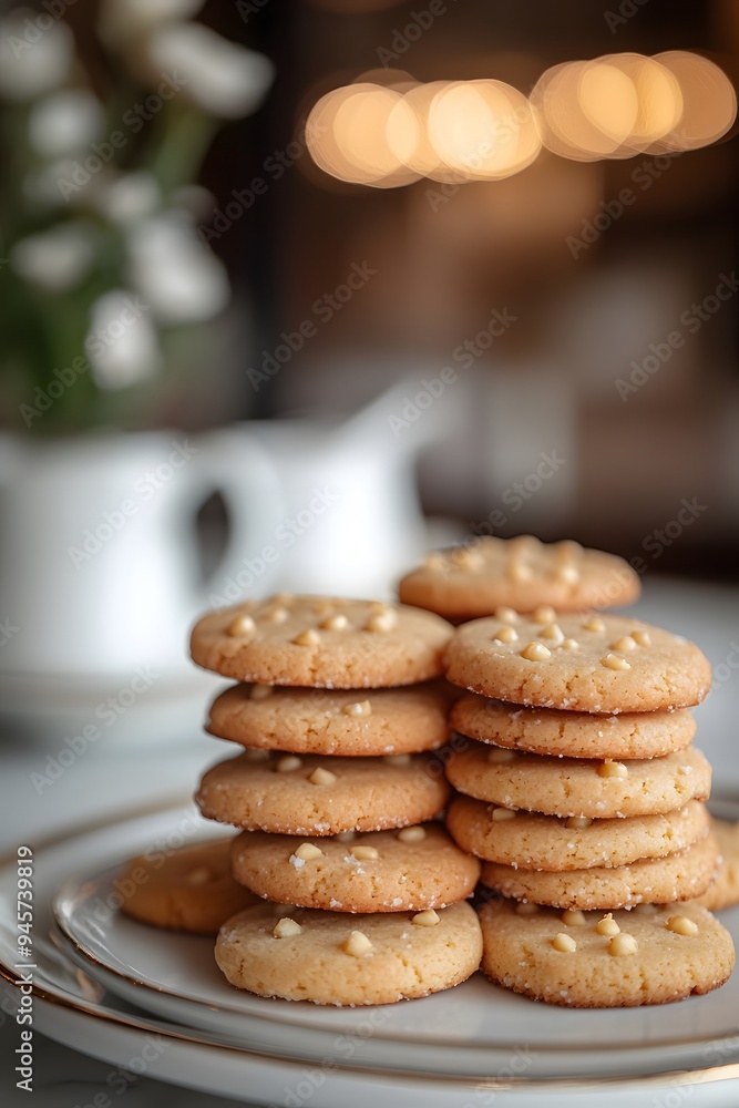 portions of macadamia nut cookies with a buttery texture and nutty flavor, beautifully presented in a modern patisserie with a softly blurred background portions of macadamia nut cookies with a buttery texture and nutty flavor, beautifully presented in a modern patisserie with a softly blurred background