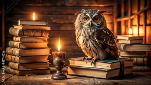 A wise owl perches on a stack of old books, spectacles balanced on its beak, surrounded by warm candlelight, exuding a sense of quiet, studious contemplation. photo