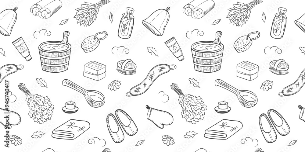 Sauna accessories sketch vector background. Doodle sauna pattern on white background. Hand drawn spa elements collection. Sauna accessories sketch vector background. Doodle sauna pattern on white background. Hand drawn spa elements collection.