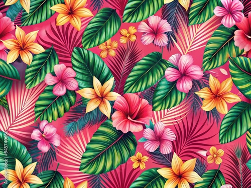 Vibrant pink background features a classic Hawaiian floral print design with stylized hibiscus flowers, palm fronds, and abstract geometric shapes in a repeating pattern. photo