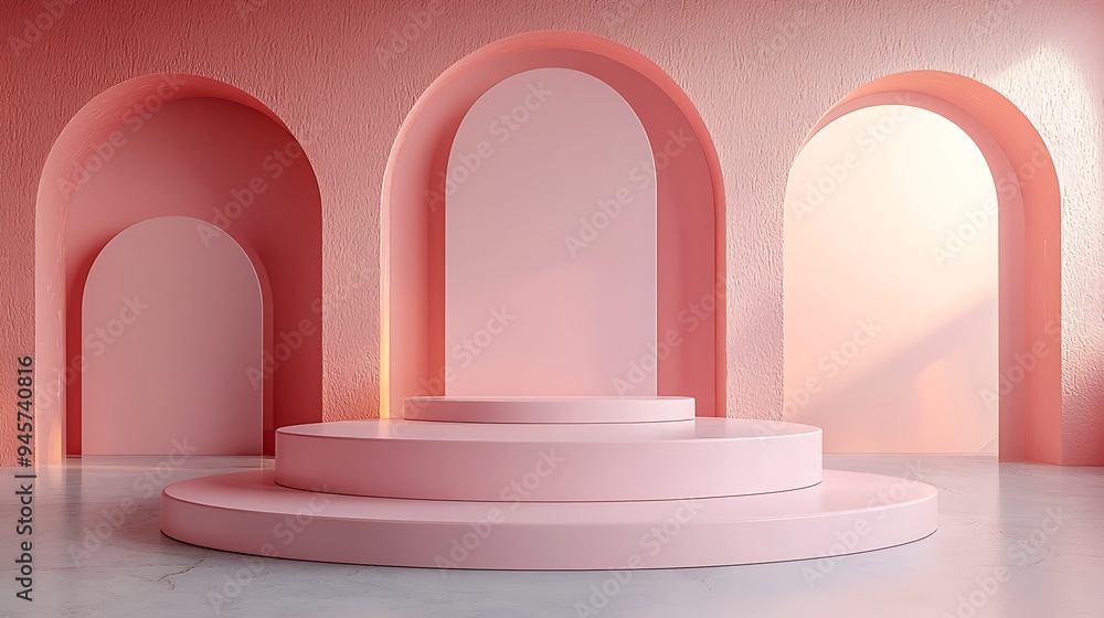 A pink archway with a product display stand, where minimalism meets style. A pink archway with a product display stand, where minimalism meets style.