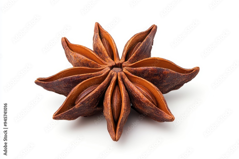A star-shaped spice known as star anise, used for flavoring and culinary purposes. A star-shaped spice known as star anise, used for flavoring and culinary purposes.