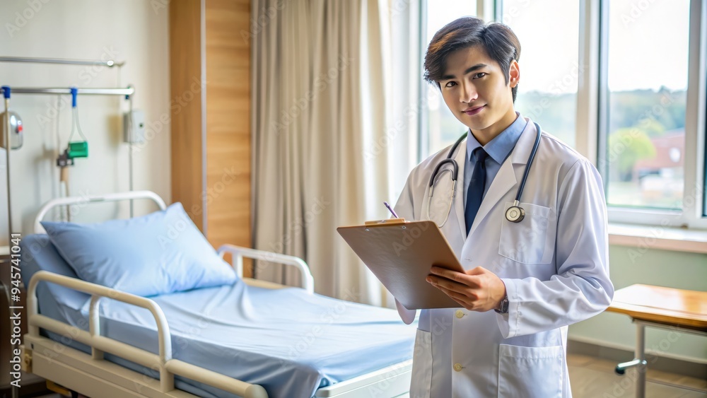Obraz premium A young adult male student in a hospital uniform and stethoscope stands confidently next to a medical bed, holding a clipboard with a patient's chart.